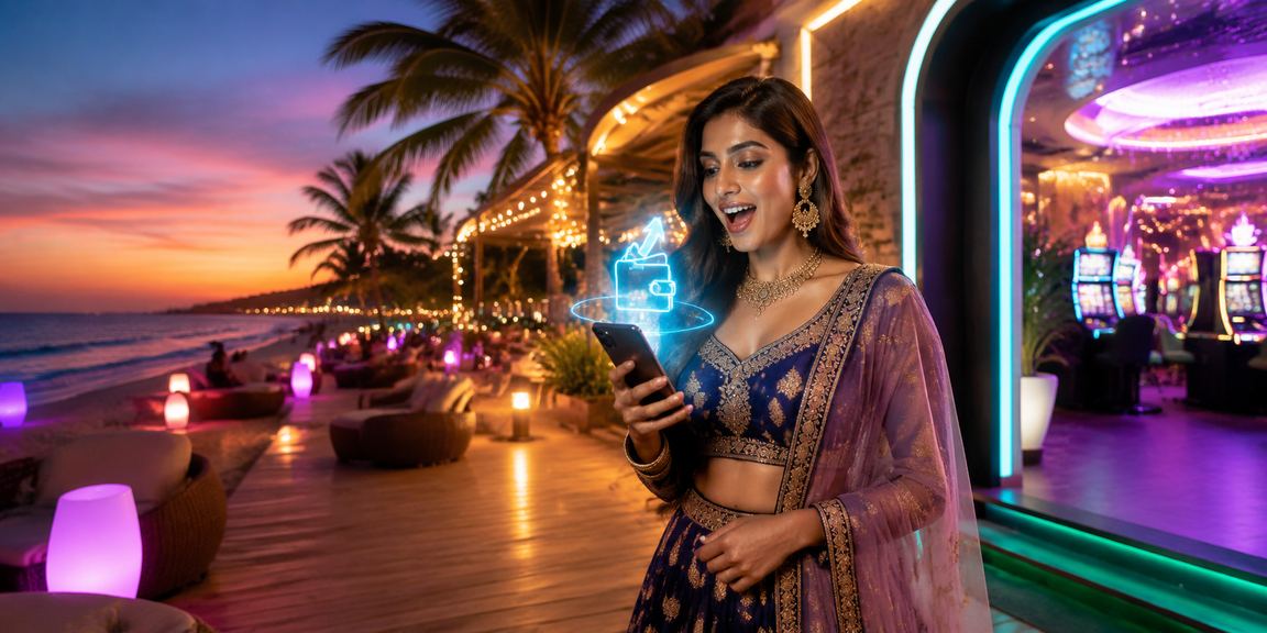 Playing lottery on a mobile device at the beach in Goa
